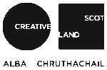 Black logo with a circle labeled "CREATIVE" and a square labeled "SCOTLAND," with "ALBA | CHRUTHACHAIL" written below in uppercase letters.