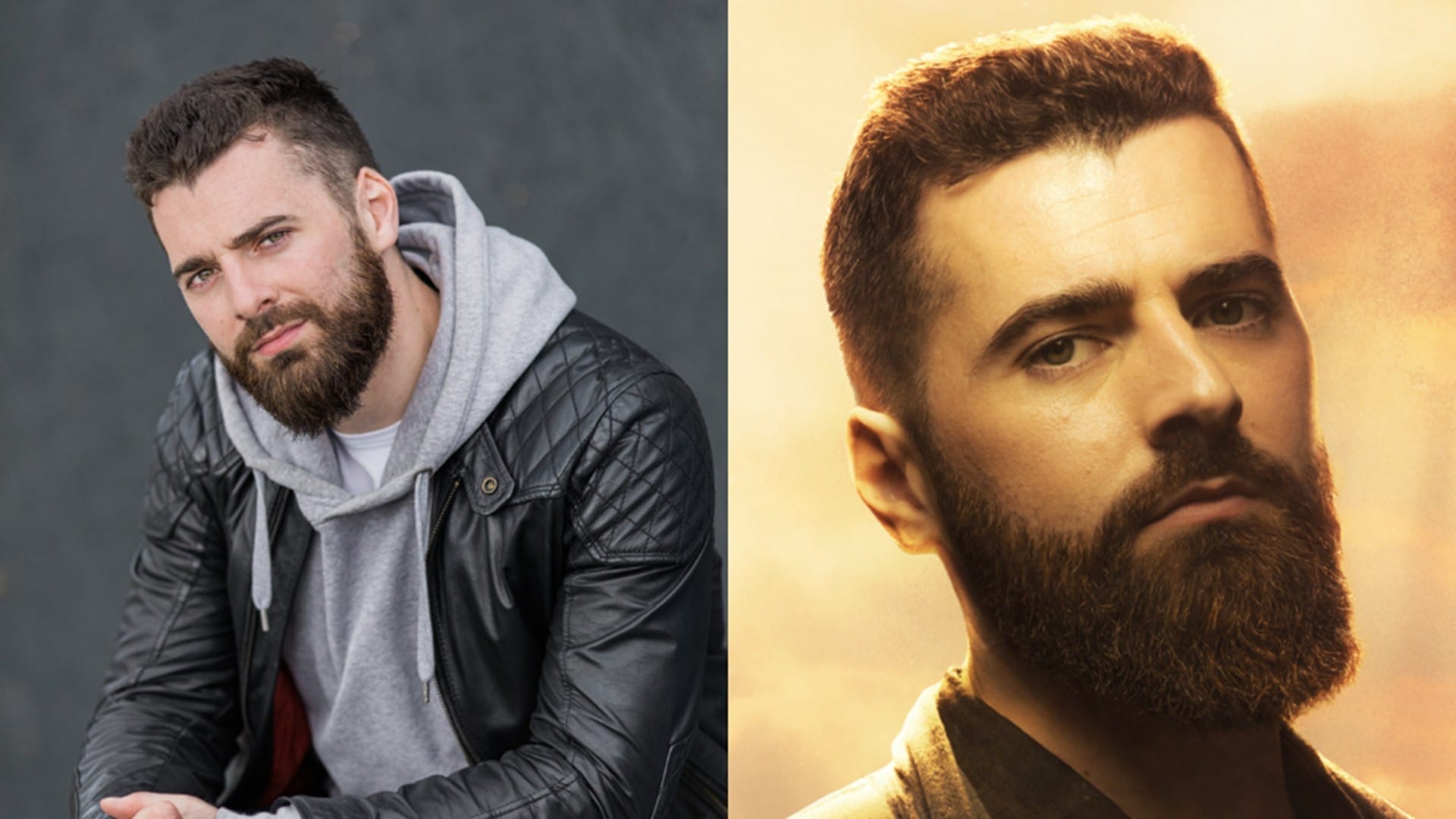 Two side-by-side portraits of Daniel Cahill; the left image shows him in casual clothes outdoors, while the right captures him in a warm spotlight, his serious expression highlighted by the dramatic lighting.
