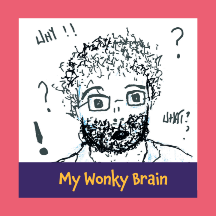A hand-drawn sketch of a surprised person with glasses and curly hair, surrounded by question marks and exclamation points. The caption below reads, "My Wonky Brain.