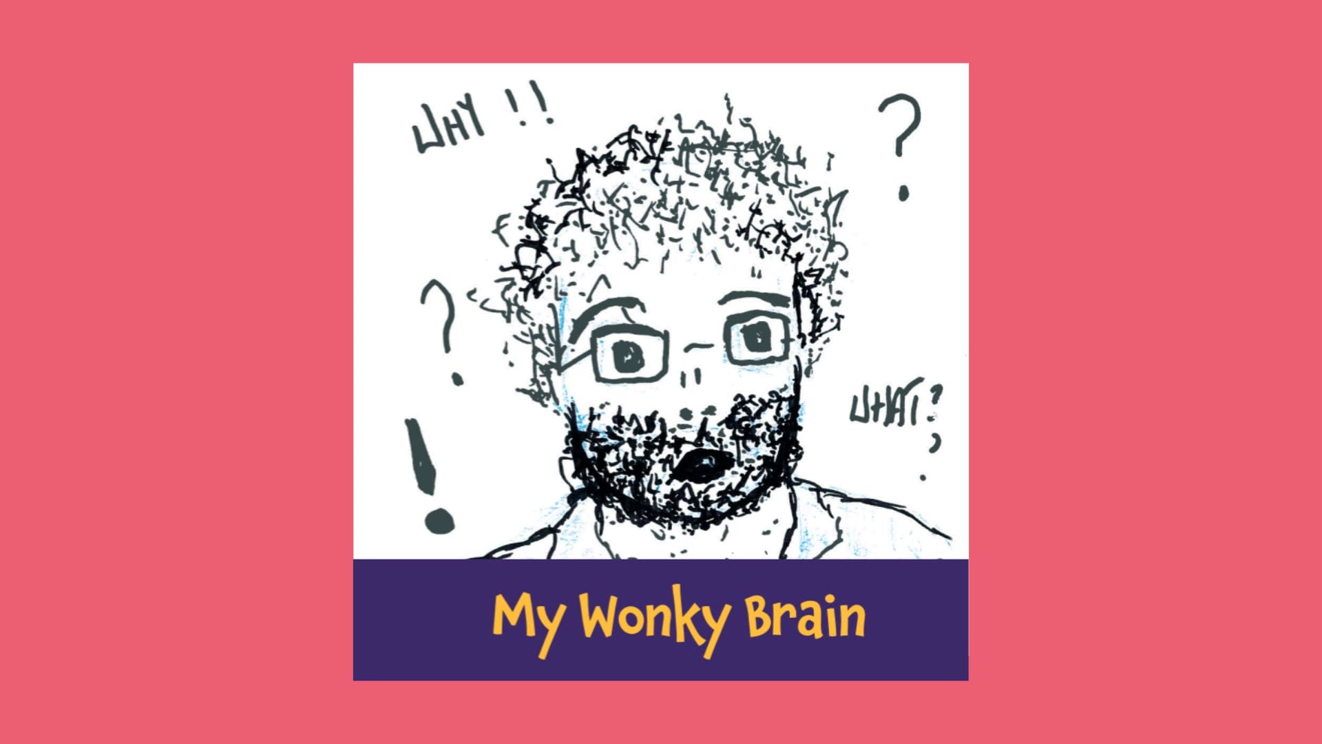A hand-drawn sketch of a surprised person with glasses and curly hair, surrounded by question marks and exclamation points. The caption below reads, "My Wonky Brain.