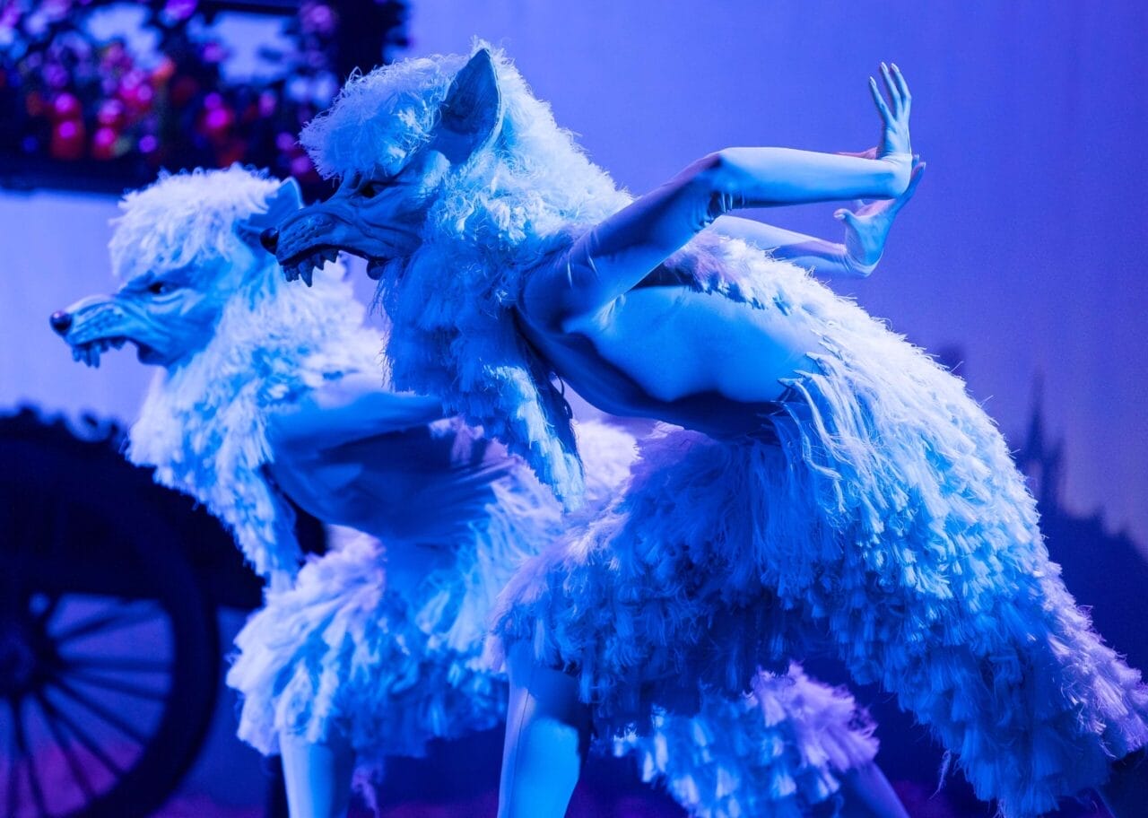 Two dancers in feathered wolf costumes perform on stage under blue lighting, bringing a mystical scene from The Snow Queen to life.