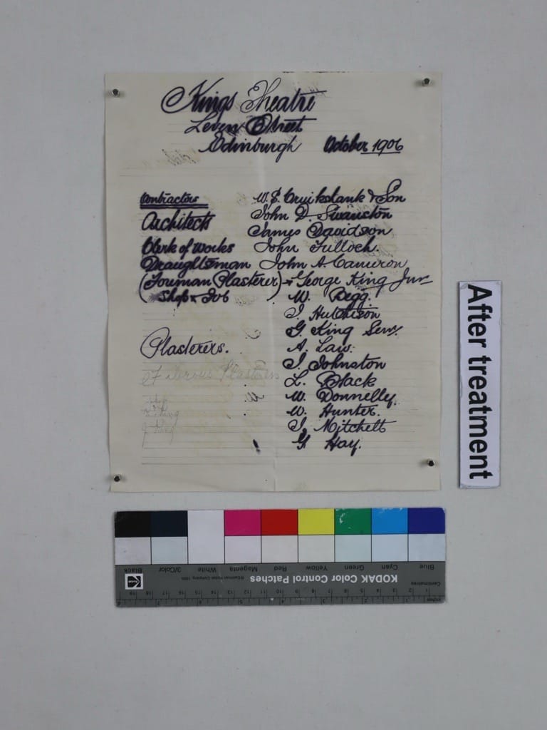 A handwritten, yellowed document with several signatures is shown alongside a label reading "After treatment" and a color calibration strip at the bottom.