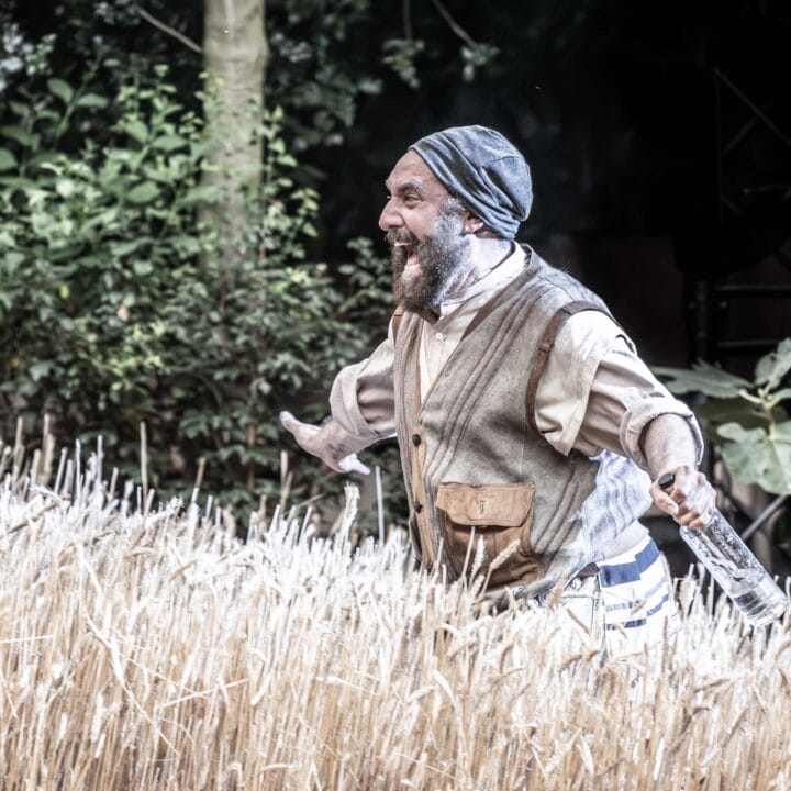 A bearded man in rustic clothing stands in a wheat field with arms outstretched, smiling. Dense green foliage is visible in the background.