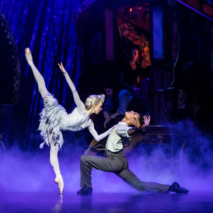 A ballet dancer in a white costume performs an arabesque, leaning toward a kneeling male dancer. They are on a theatrical stage with a misty forest backdrop.