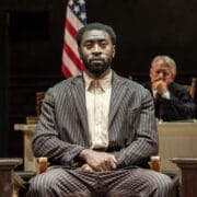 A man in a pinstripe suit sits in a courtroom witness stand, evoking scenes from Harper Lee’s classic novel To Kill a Mockingbird. A judge and two others are visible, with an American flag standing behind them.