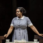 A woman in a striped dress with a white collar stands behind a table set with glasses and a lace tablecloth, evoking the timeless elegance of a classic novel like Harper Lee’s To Kill a Mockingbird, as she rests her hands on two chairs.