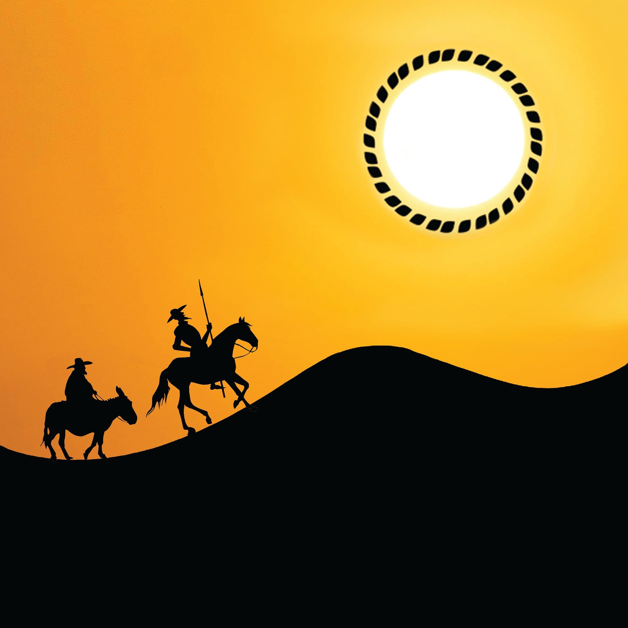 Silhouettes of two riders on animals travel across sand dunes at sunset, with a bright sun surrounded by a patterned ring in the sky.