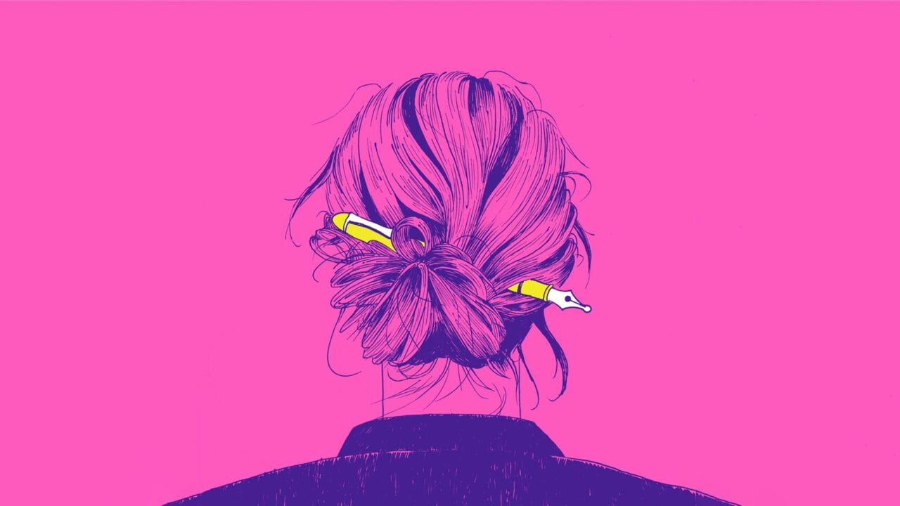 Illustration of a person seen from behind with hair in a bun, holding a large yellow fountain pen through their hair against a bright pink background.