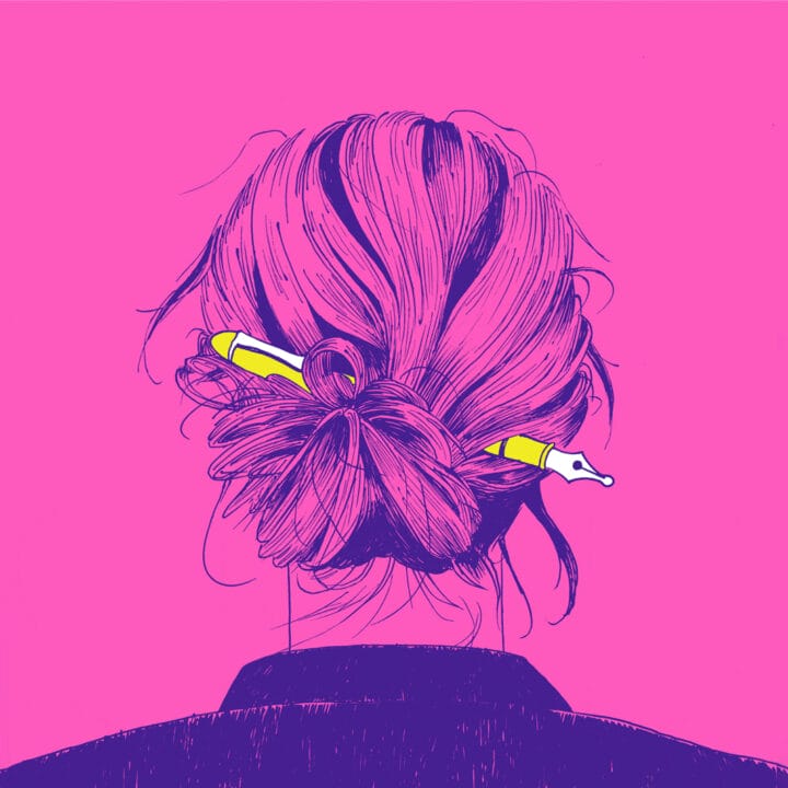 Illustration of a person seen from behind with hair in a bun, holding a large yellow fountain pen through their hair against a bright pink background.