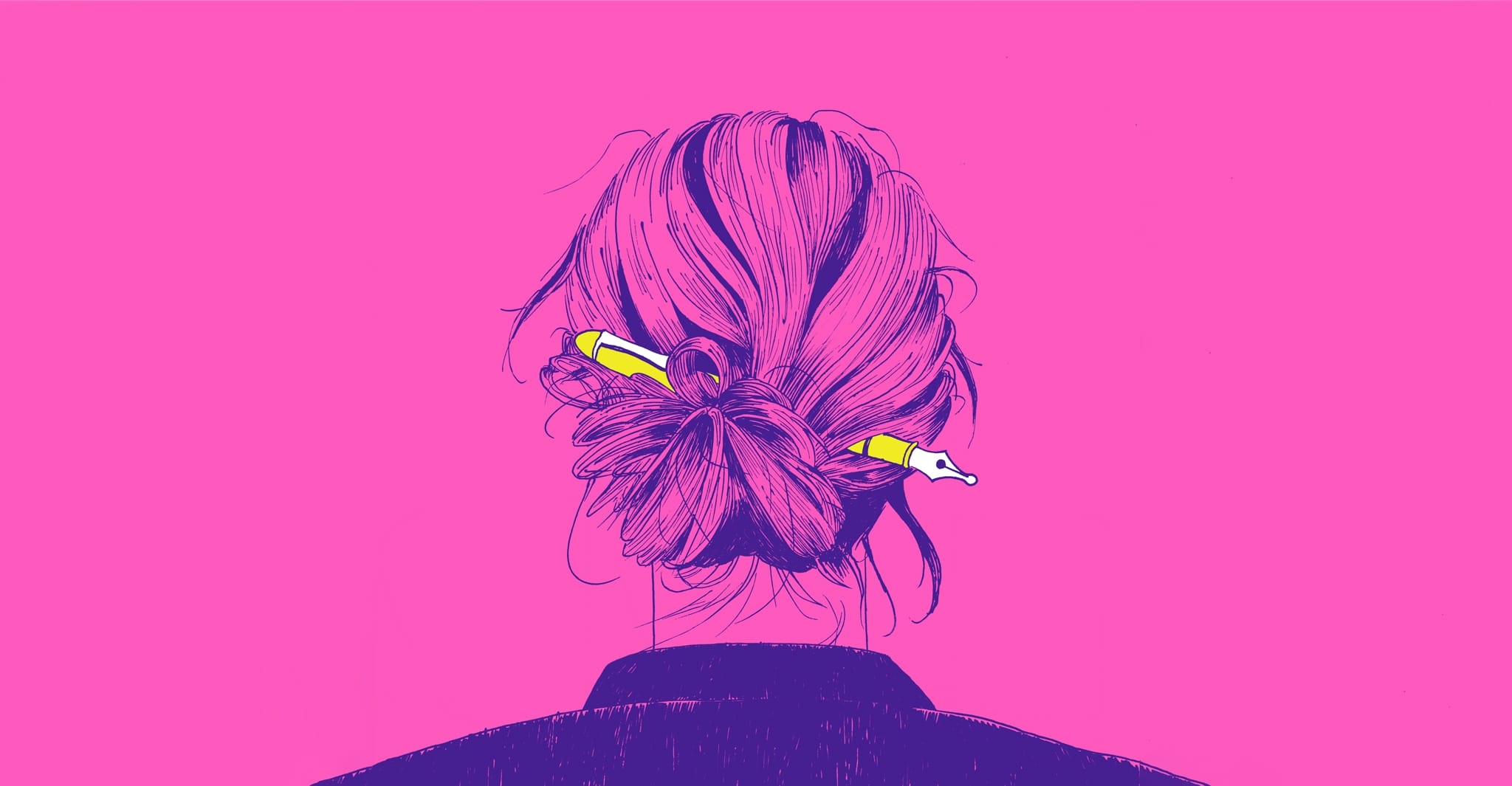 Illustration of a person seen from behind with hair in a bun, holding a large yellow fountain pen through their hair against a bright pink background.