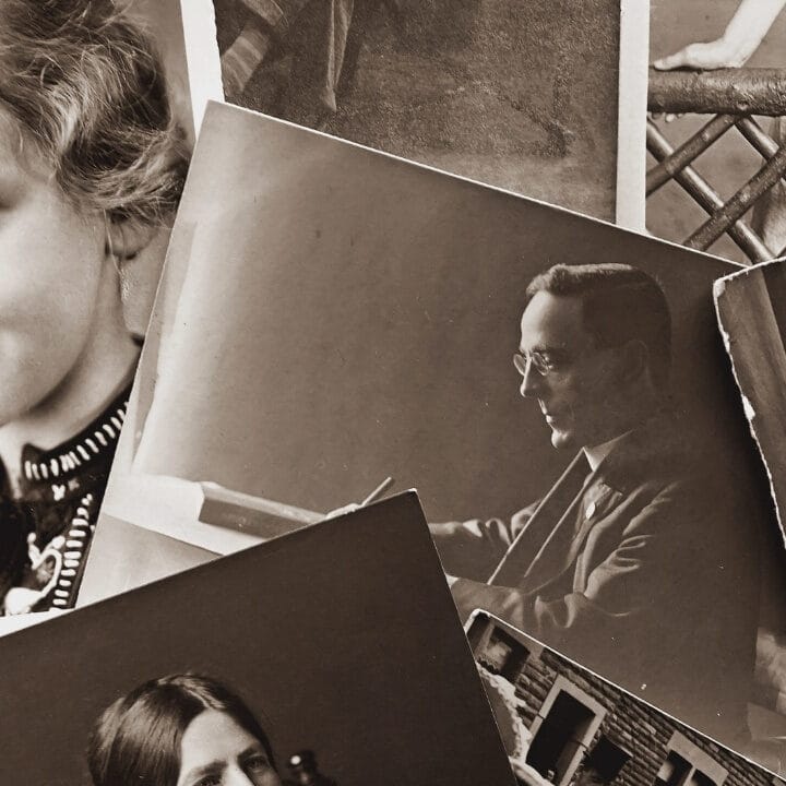 A collage of vintage black-and-white photographs featuring people from different eras. Images include a young girl, a couple in wedding attire, a man writing, and groups of people in period clothing, showcasing various moments in history.