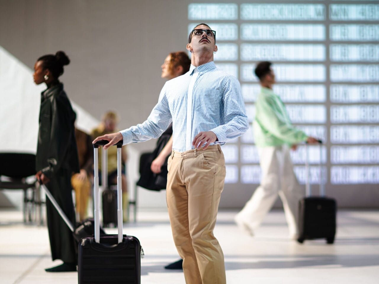 A man with a suitcase looks up while standing in front of a departure board, with other travelers walking by in an airport setting.