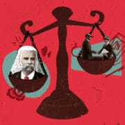 Illustration of a balanced scale; one side holds a man with a white wig, and the other side shows two people exchanging documents. The background is red with abstract shapes.