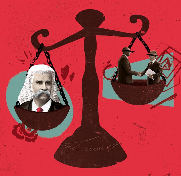 Illustration of a balanced scale; one side holds a man with a white wig, and the other side shows two people exchanging documents. The background is red with abstract shapes.