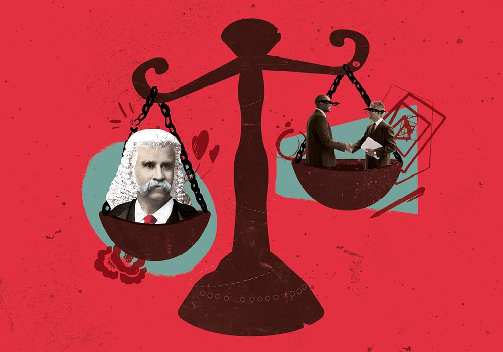 Illustration of a balanced scale; one side holds a man with a white wig, and the other side shows two people exchanging documents. The background is red with abstract shapes.