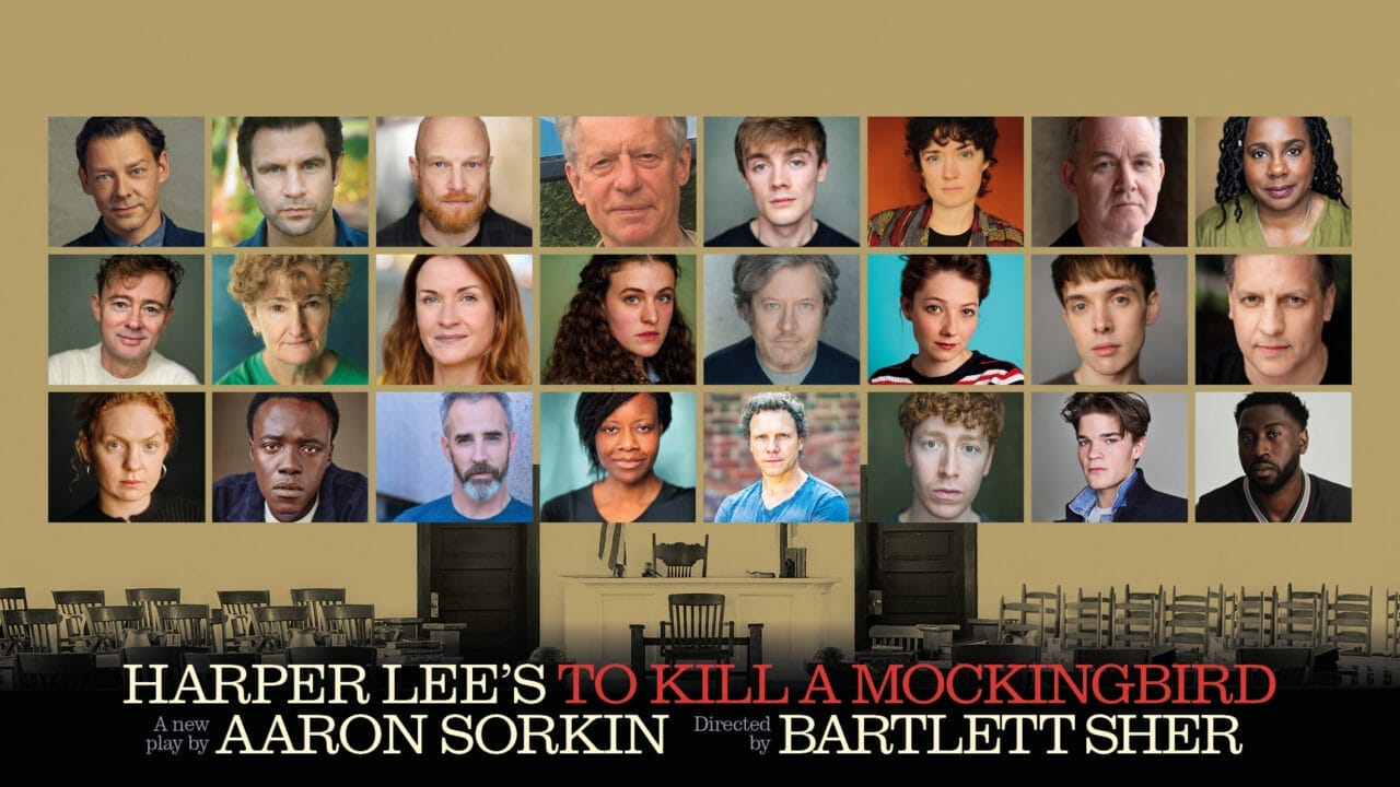 A collage of actors' headshots above an empty courtroom set, with text promoting Aaron Sorkin’s stage adaptation of Harper Lee's classic novel, "To Kill a Mockingbird," directed by Bartlett Sher.