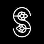 A white, stylized letter "S" with two symmetrical hop cone designs inside, on a black background.