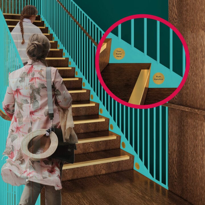 Two people walk up wooden stairs with teal railings; inset shows gold circular labels on steps, one saying “Your name here” and another 'Ruth Hamilton'
