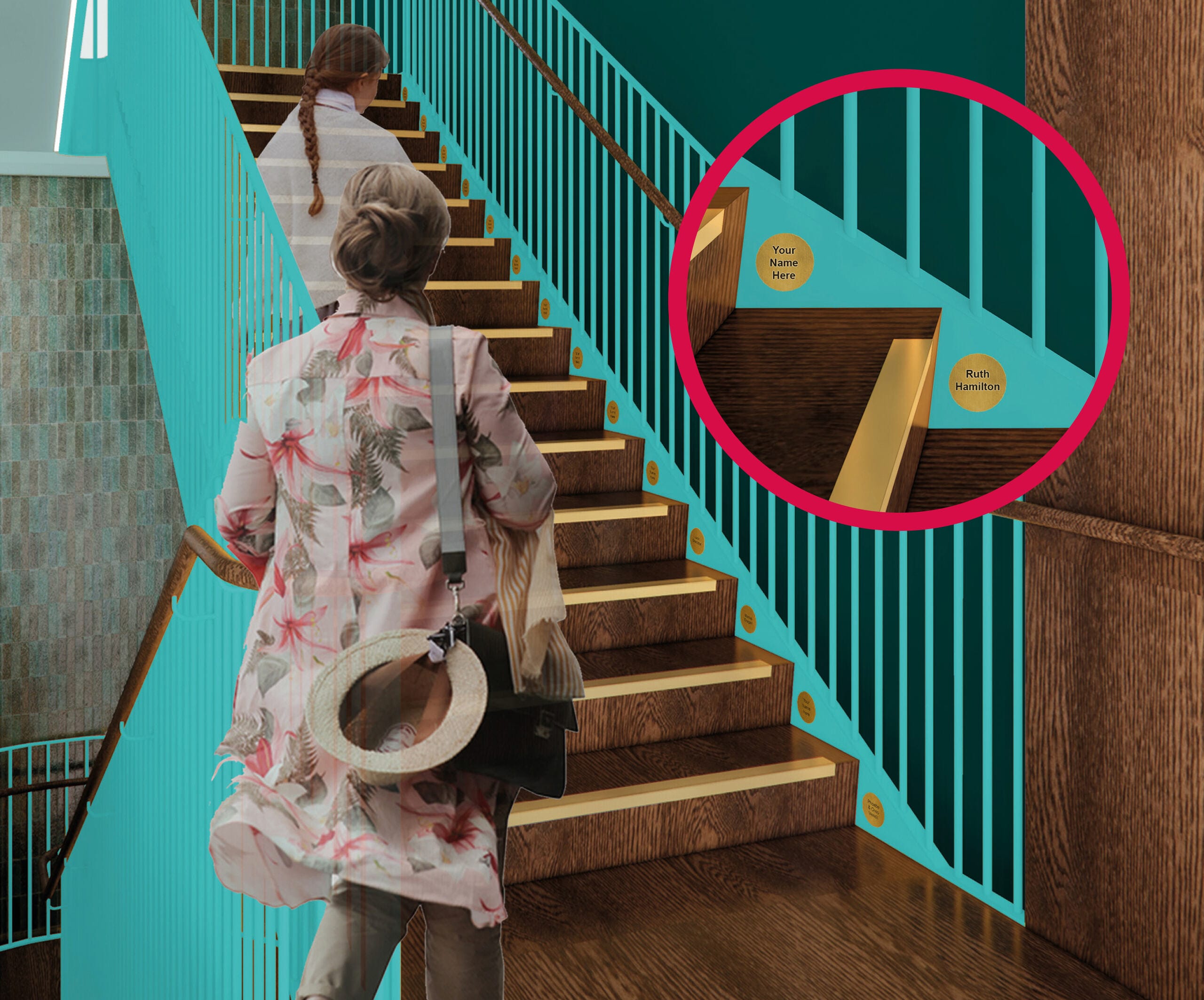 Two people walk up wooden stairs with teal railings; inset shows gold circular labels on steps, one saying “Your name here” and another 'Ruth Hamilton'
