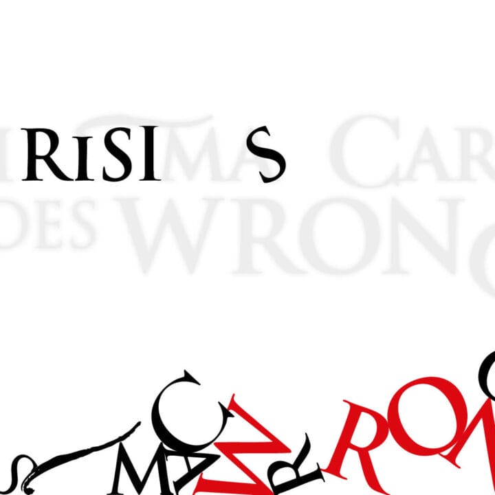 A mostly white poster with the title "Christmas Carol Goes Wrong" in distorted and scattered black and red text, Mischief logo in the upper right corner.