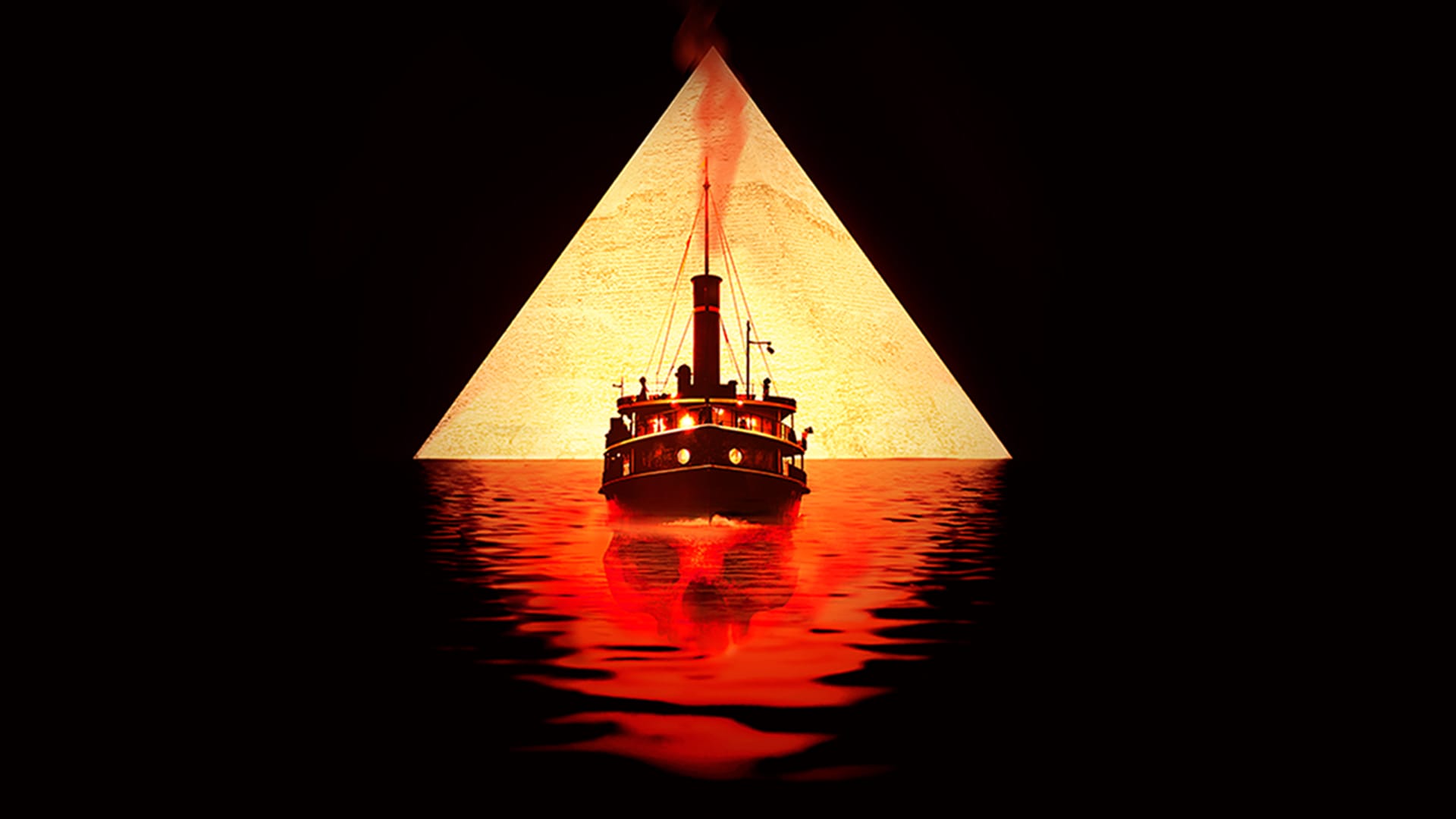 A steamship sails on red water toward a glowing pyramid, with its reflection visible on the surface and smoke rising from its smokestack.