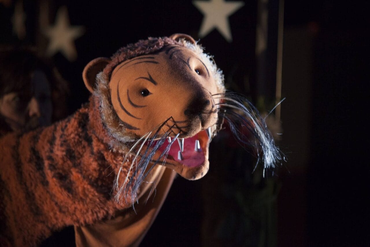 A close-up of a person operating a large, realistic tiger puppet with painted features and visible whiskers, set against a dark background with star decorations.