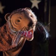 A close-up of a person operating a large, realistic tiger puppet with painted features and visible whiskers, set against a dark background with star decorations.