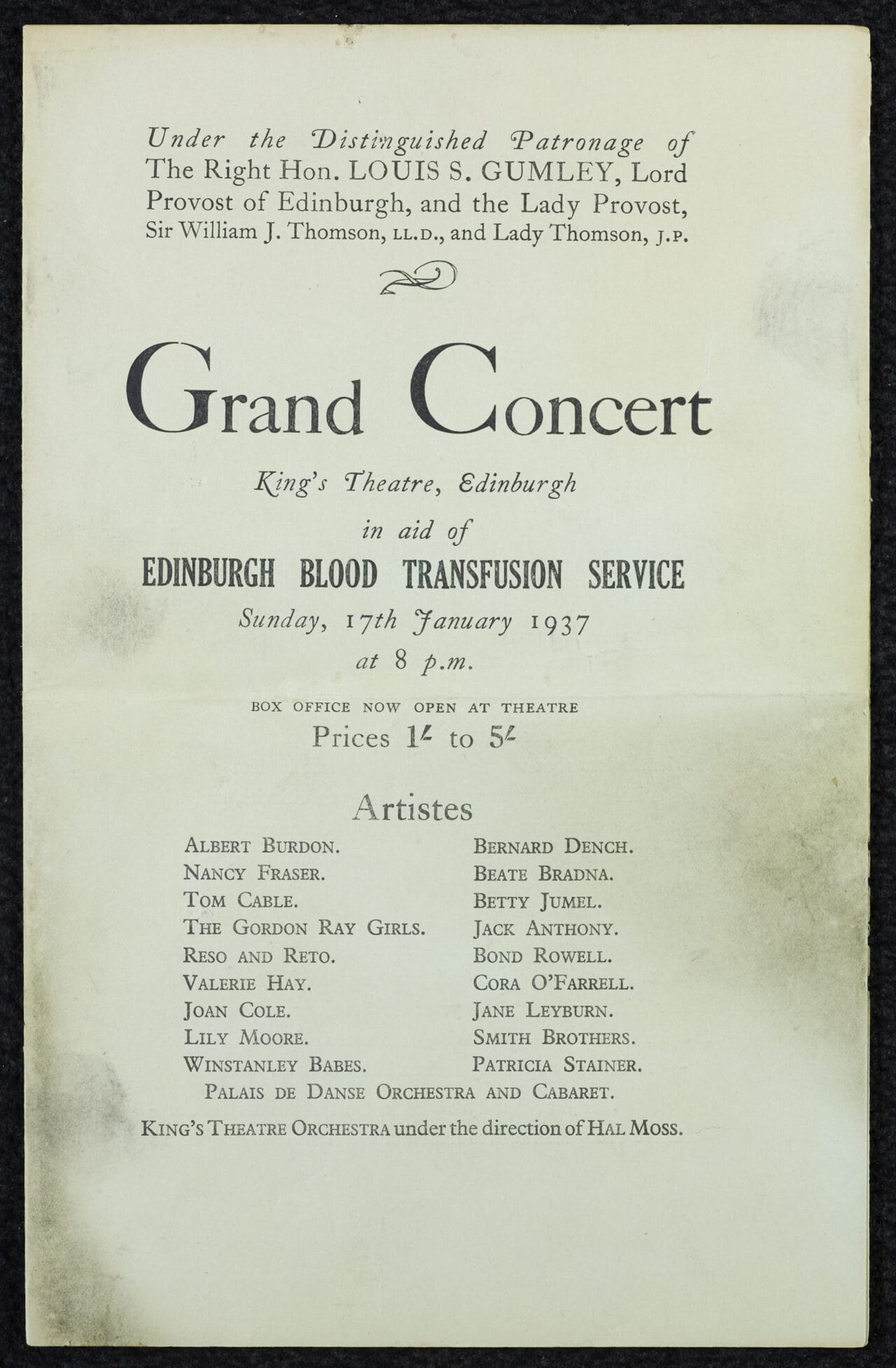 A concert program for the Edinburgh Blood Transfusion Service at King's Theatre, Edinburgh, dated 17 January 1937, listing event details and participating artistes.