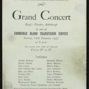 A concert program for the Edinburgh Blood Transfusion Service at King's Theatre, Edinburgh, dated 17 January 1937, listing event details and participating artistes.