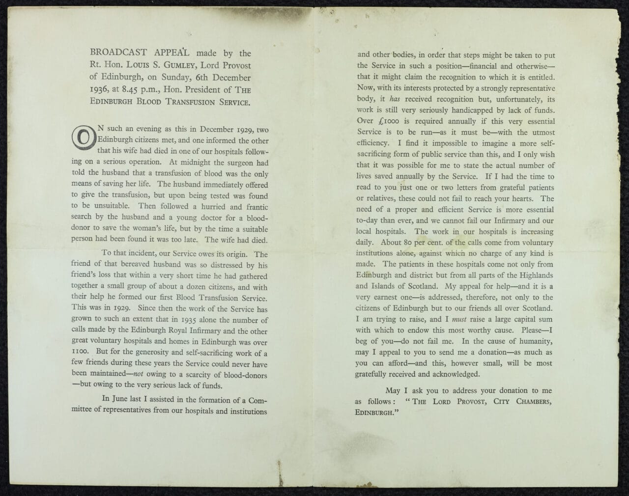 A typed letter titled "Broadcast Appeal" by Revd. Louis C. Graham, dated December 6, 1936, discussing the importance of blood transfusion services in Edinburgh.