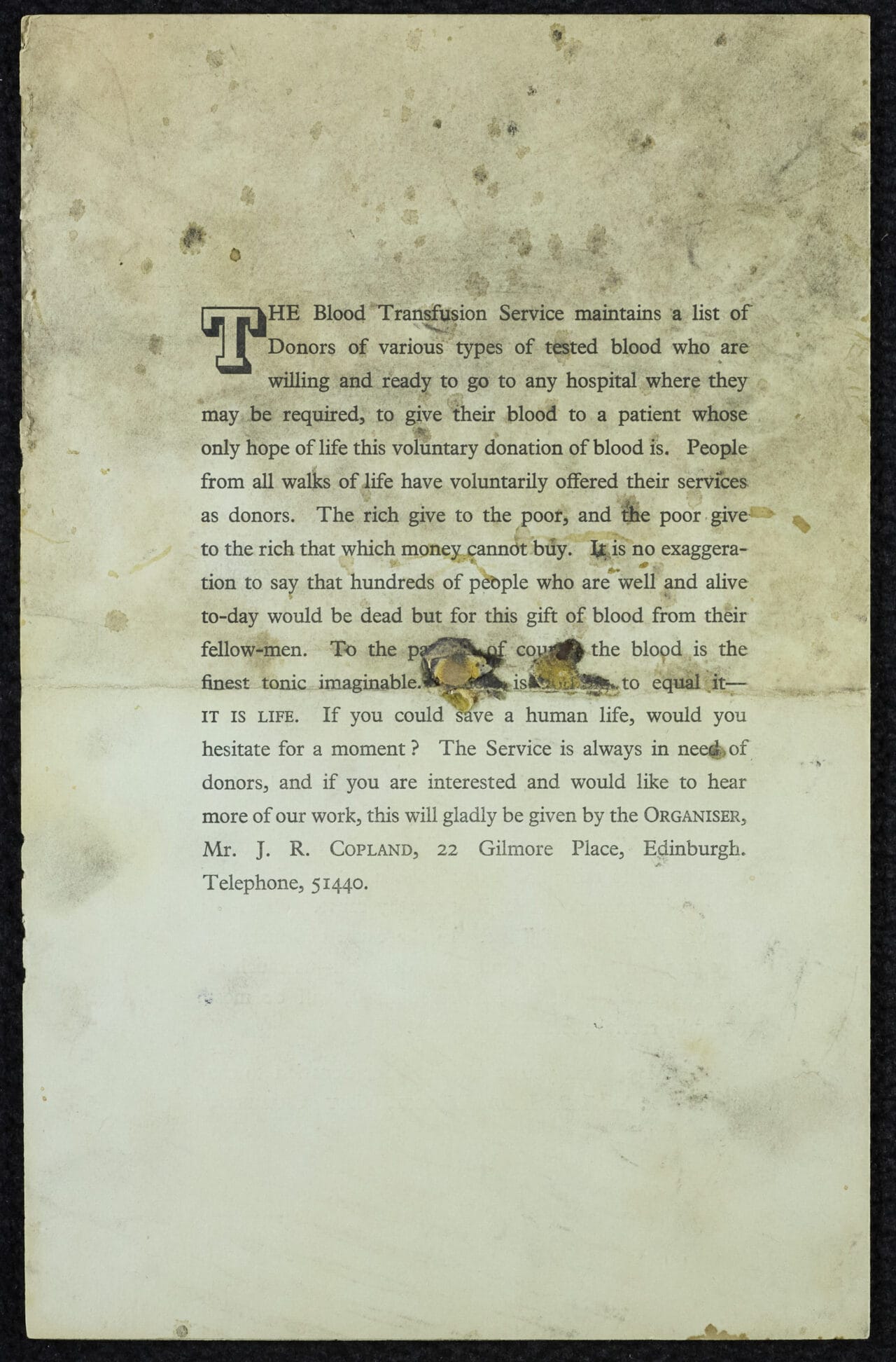 A typed page describing the Blood Transfusion Service, encouraging voluntary blood donation and providing contact details for the organizer, Mr. J.F. Copland, in Edinburgh.