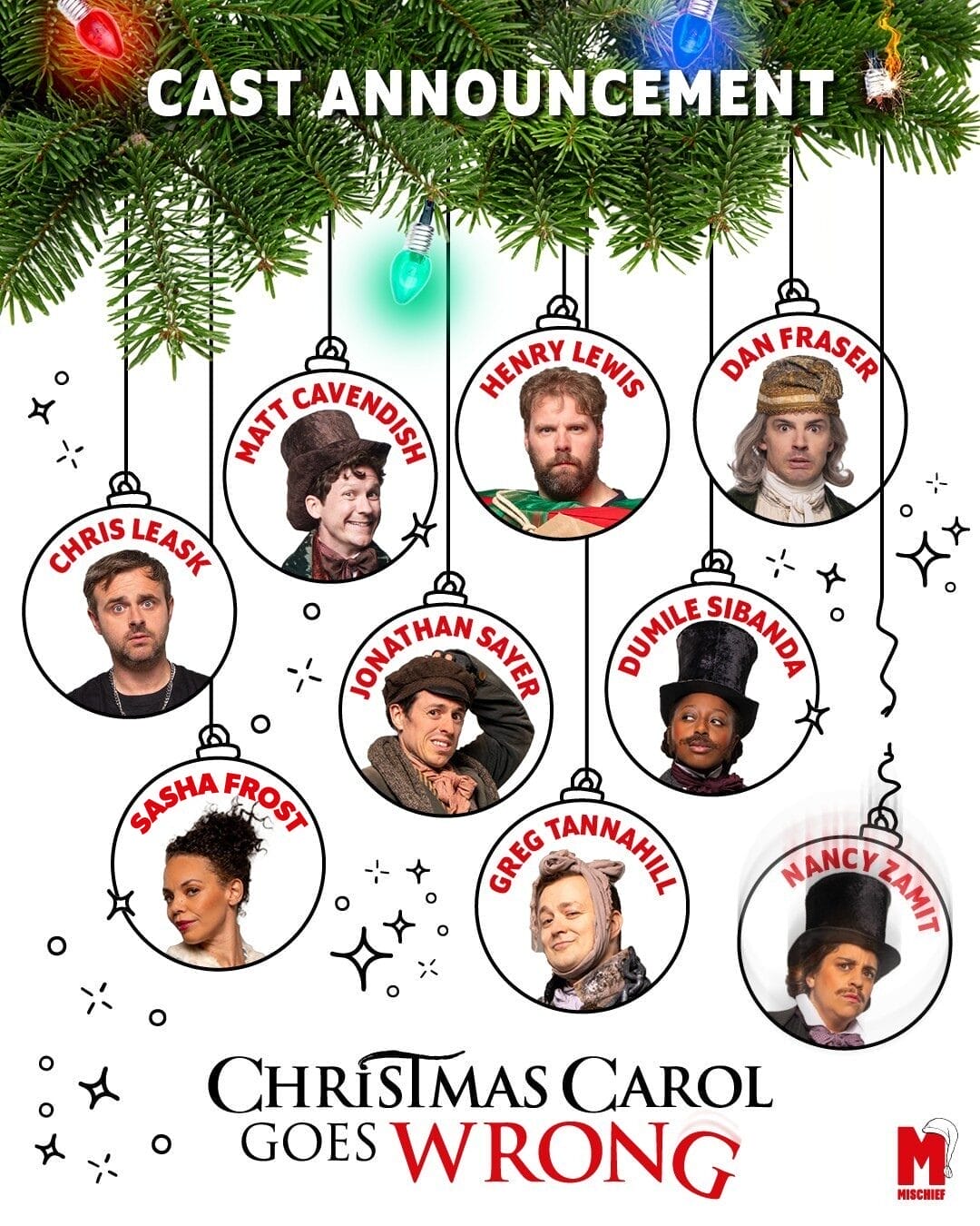 Promotional image shows headshots of nine cast members in costume for the Christmas play "Christmas Carol Goes Wrong" within ornament frames, names labeled, under festive decorations.