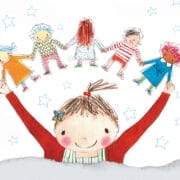 Illustration of a smiling child holding up Paper Dolls cutouts of five children, each dressed in different colorful clothes, with stars in the background.