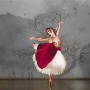 Ballet dancer in a red and white costume performs a pose on stage, with a backdrop featuring tree branches and shadows.