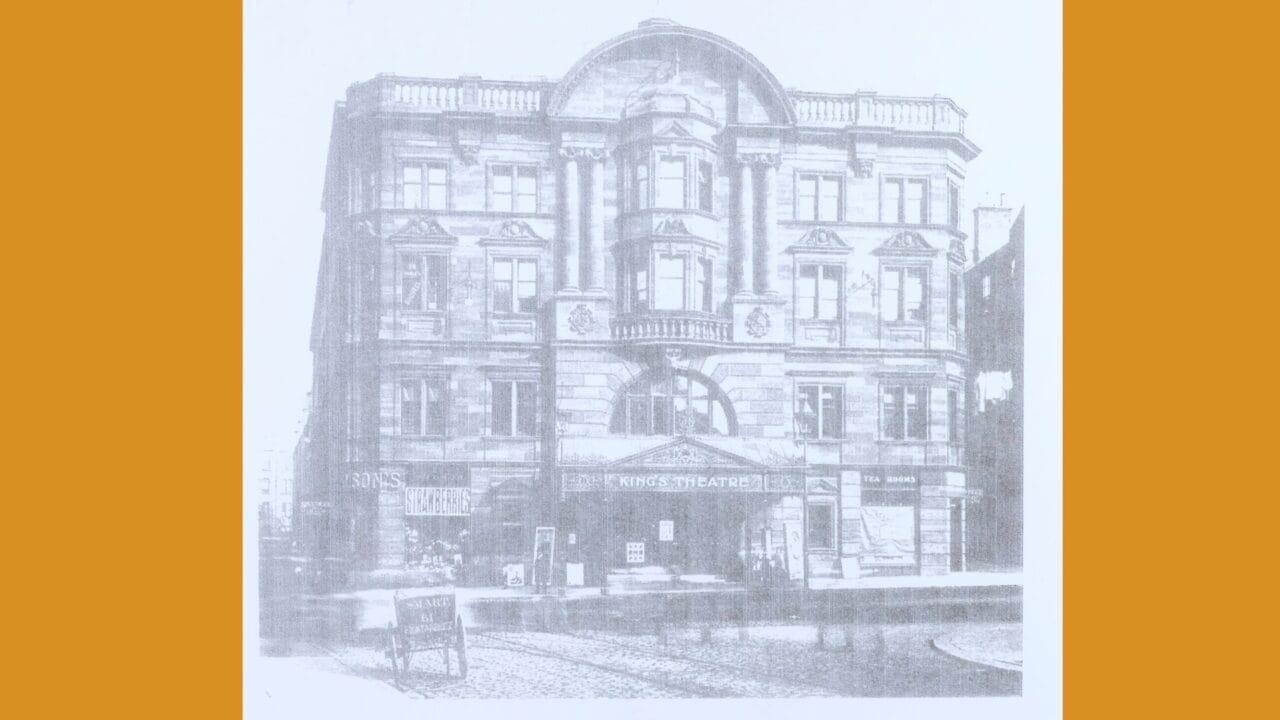 Black and white image of the King's Theatre with a horse cart outside
