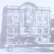 Black and white image of the King's Theatre with a horse cart outside