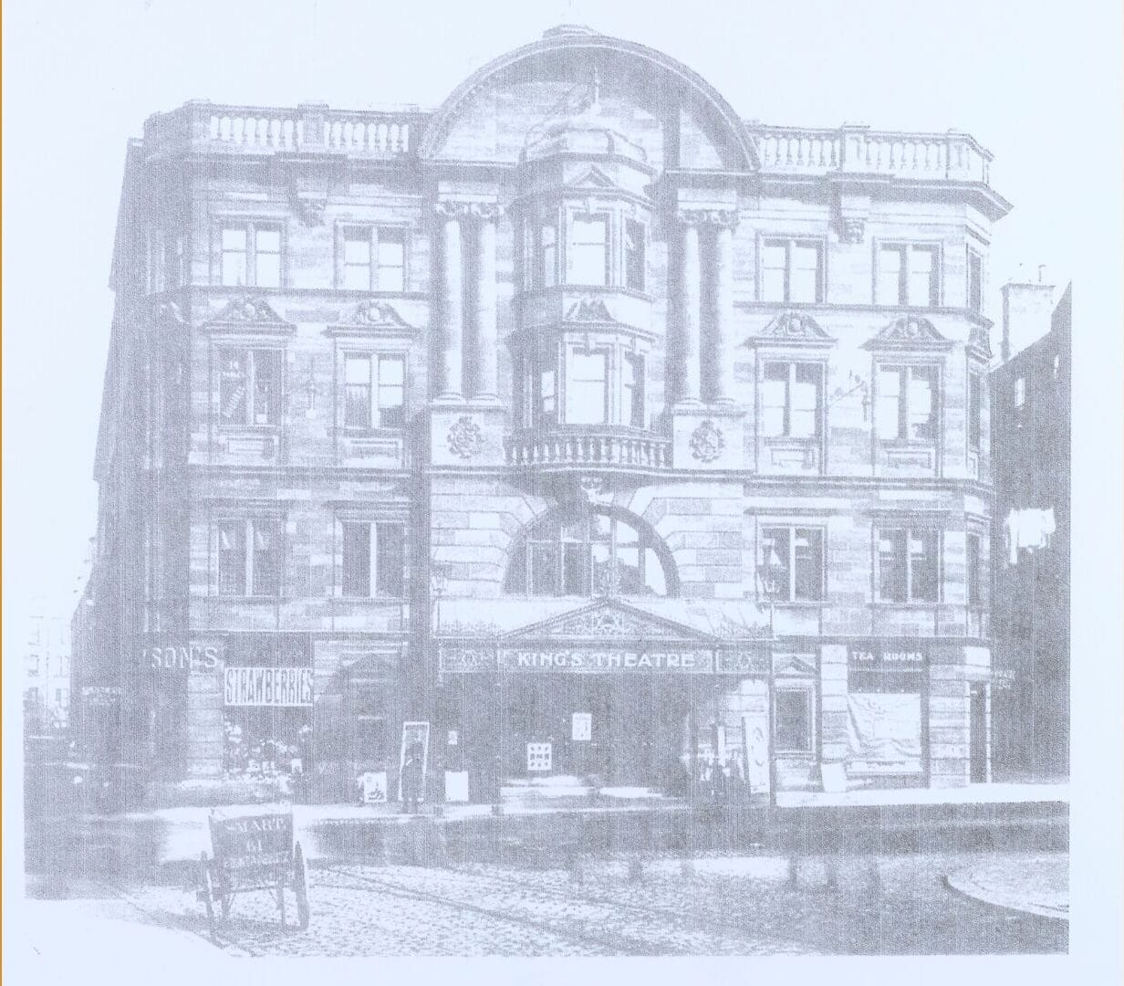 Black and white image of the King's Theatre with a horse cart outside