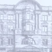 Black and white image of the King's Theatre with a horse cart outside