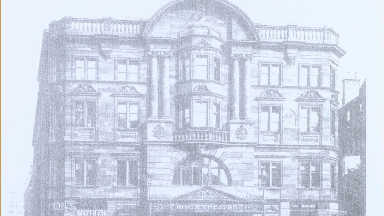 Black and white image of the King's Theatre with a horse cart outside