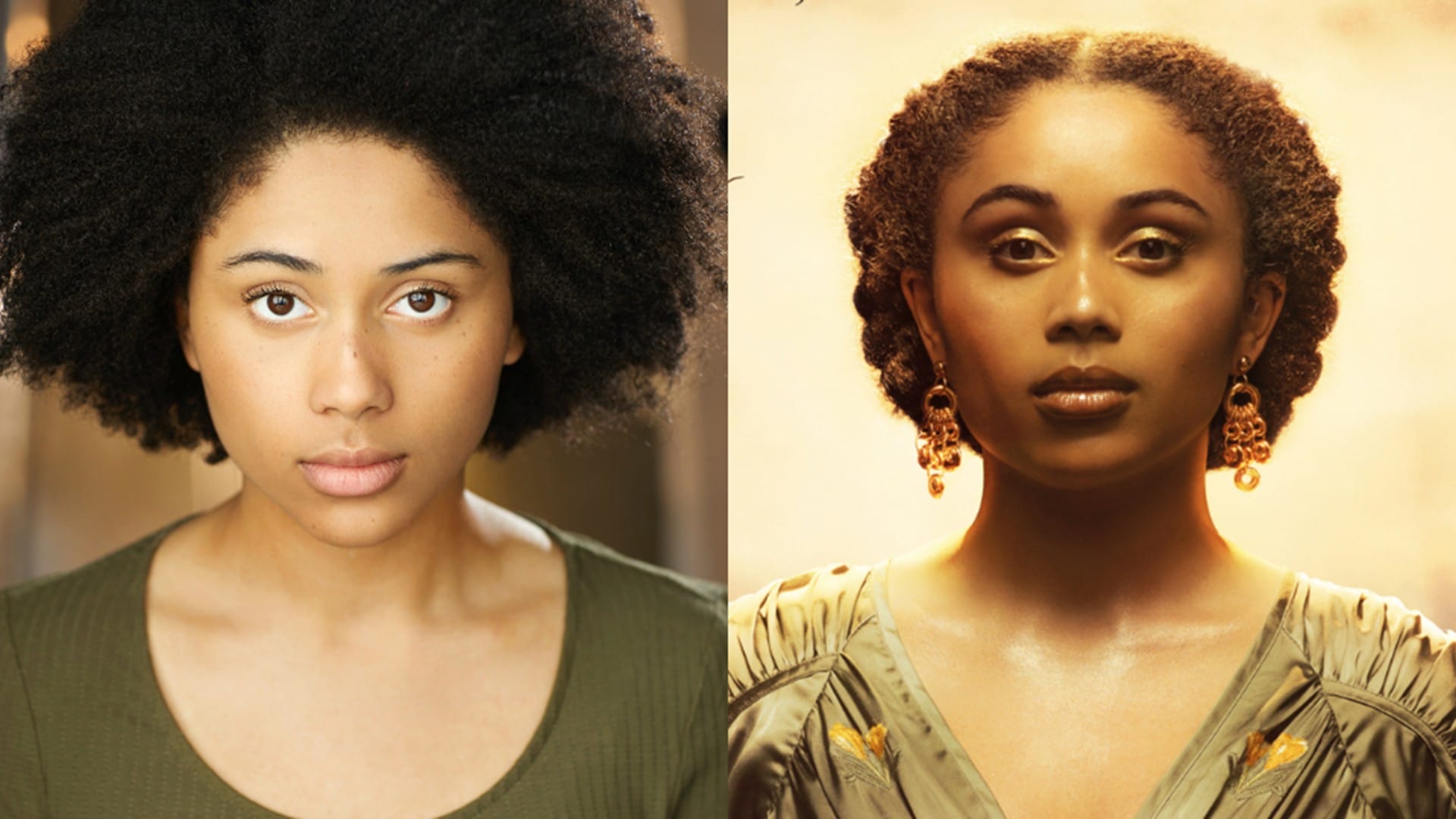 Side-by-side portraits of Danielle Jam: on the left, with natural hair and minimal makeup; on the right, under a spotlight, with styled hair, gold earrings, and dramatic lighting.