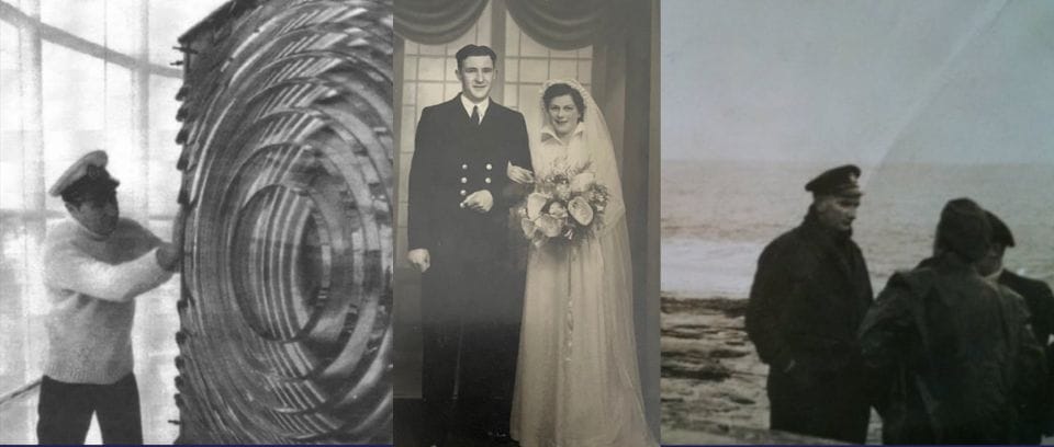 A collage of three black-and-white photos: a man adjusting machinery in a Light House, a couple in wedding attire, and a group of people in uniform near a coastline.