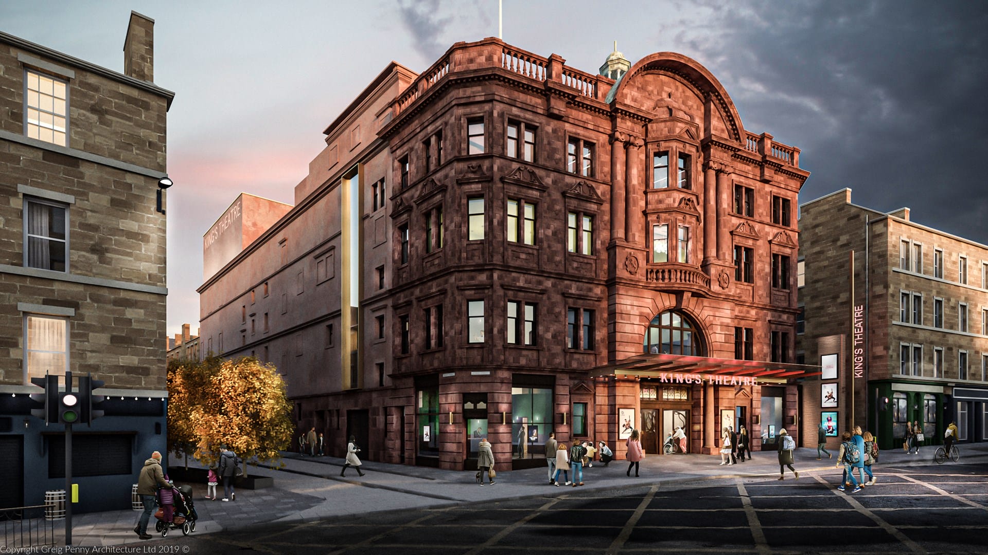 A large red-brick theater building with an arched entrance stands on a street corner, surrounded by pedestrians and neighboring stone buildings under a cloudy sky.