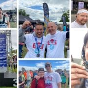 A collage of Edinburgh Marathon Festival participants posing with medals, running bibs, and smiling at the event and finish line.