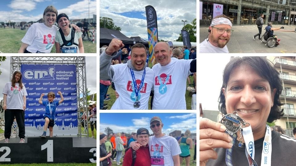 A collage of Edinburgh Marathon Festival participants posing with medals, running bibs, and smiling at the event and finish line.