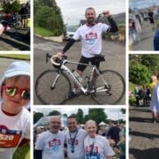 Collage of people outdoors at a charity event, wearing white fundraising T-shirts, some with race numbers and a cyclist with a bike. One shirt shows a fundraising text number on the back.