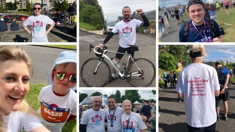 Collage of people outdoors at a charity event, wearing white fundraising T-shirts, some with race numbers and a cyclist with a bike. One shirt shows a fundraising text number on the back.