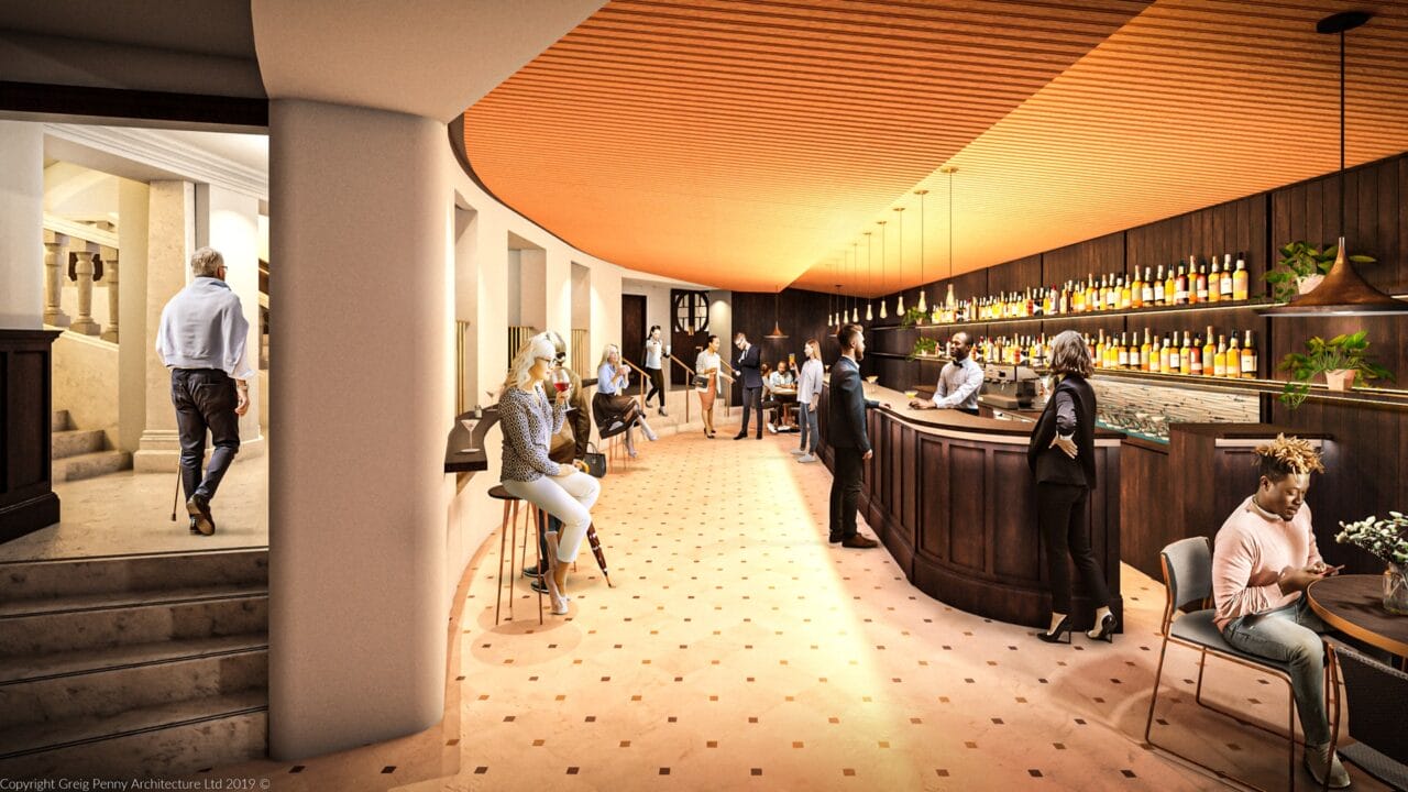 Modern bar interior with people sitting and standing, a curved wooden bar with shelves of bottles, warm lighting, and a mix of social interactions in a spacious setting.