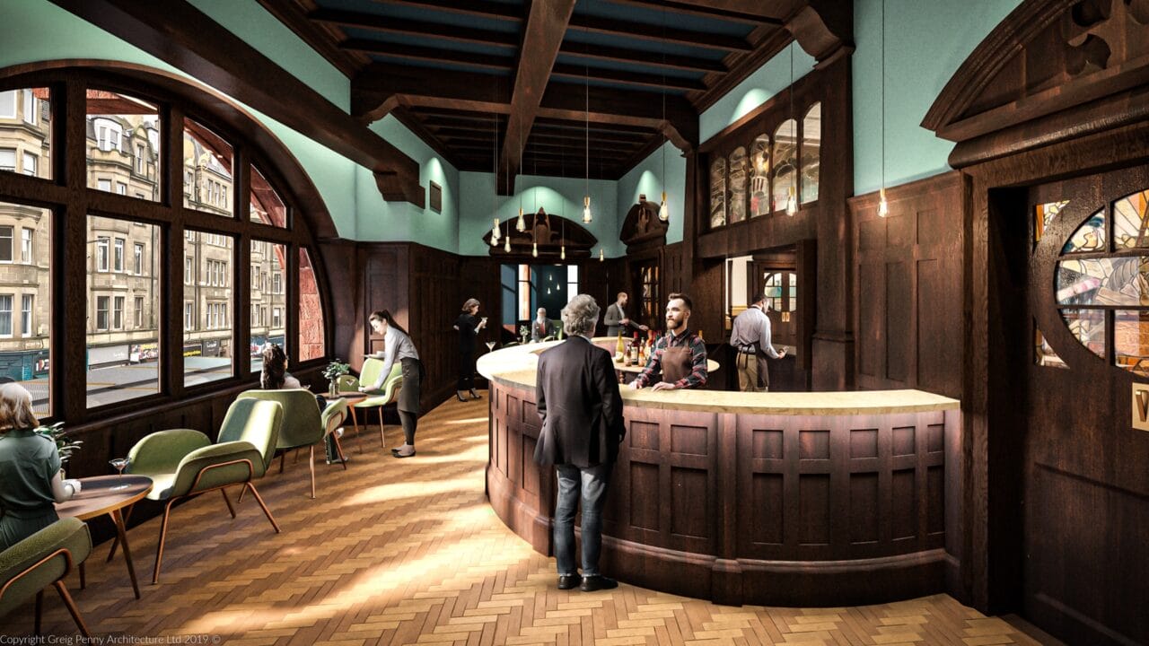 People sit and stand around a curved wooden bar inside a stylish café with large windows, wooden floors, and green chairs, during daylight.