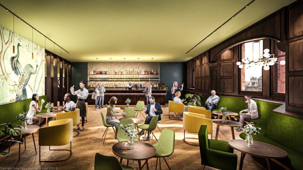 A modern lounge with people sitting at tables, socializing, and drinking. The room has green chairs, wood paneling, wall art, and a bar with shelves of bottles in the background.