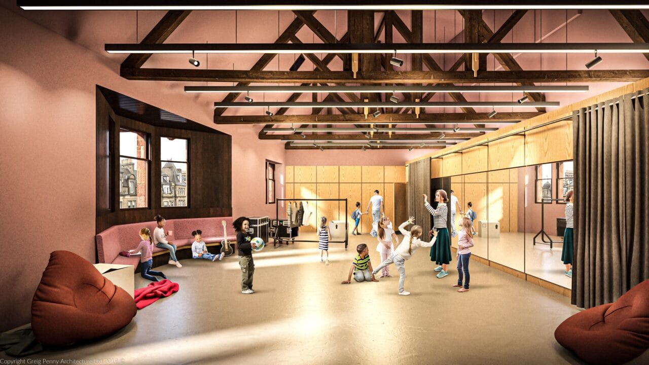 Children and adults gather in a spacious room with exposed wooden beams, large windows, mirrors, and seating areas; some play games while others sit or talk.